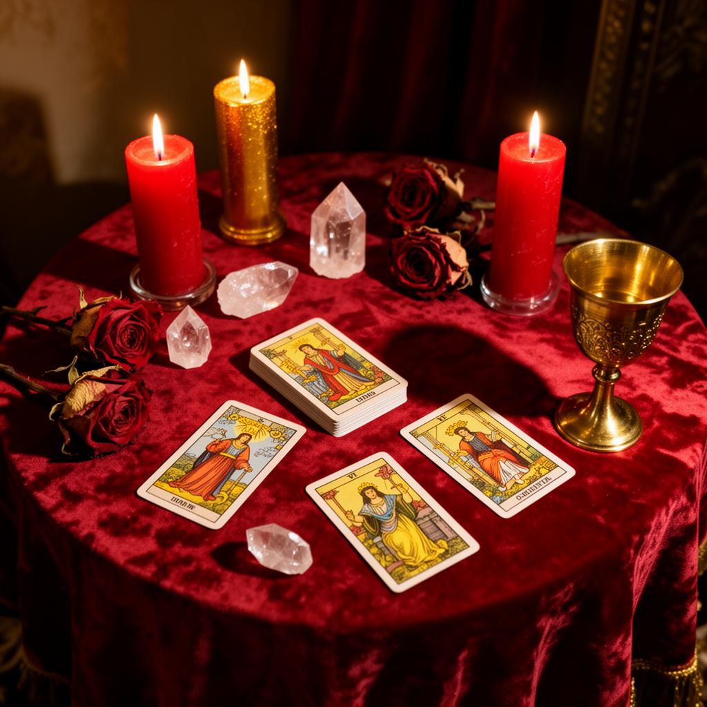 Mesa de leitura com velas vermelhas, cartas e cristais