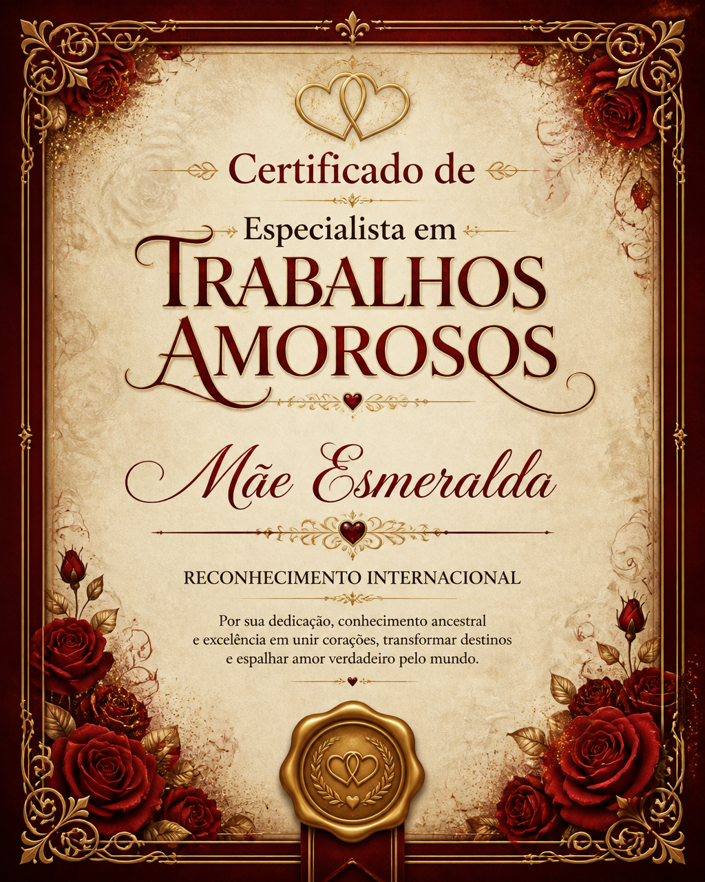 Certificado de Especialista em Trabalhos Amorosos Mãe Esmeralda